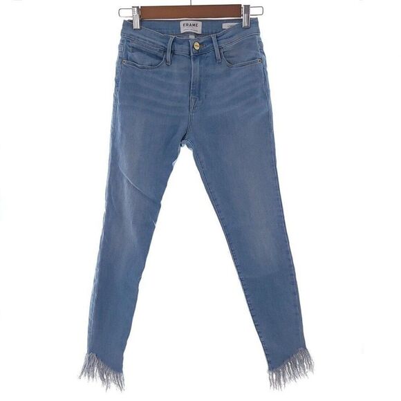 Frame Le High Skinny Shredded Hem Solid Blue Jeans Womens Size 26 - Picture 1 of 9